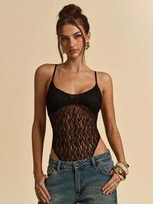 SHEIN BAE Body de encaje negro transparente y sexy para mujer - Negro - Ver 1