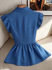 Elenzga Áo blazer công sở thanh lịch, lãng mạn, tối giản dành cho nữ, tay ngắn, thắt eo, chất liệu giả denim, dáng chữ A. - Màu xanh lam - Xem 2