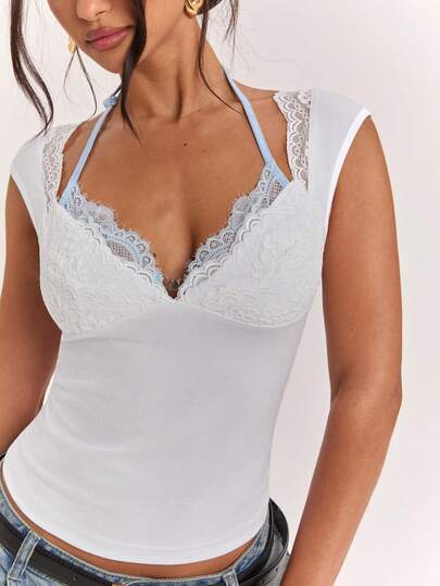 Women's Elegant Sexy Deep V-Neck Lace Color Block Decorated Blouse, Lace Blouse, Blue Color Block Blouse, Faux Two Pieces Blouse, Casual Blouse, Elegant Sexy Blouse, White Blouse