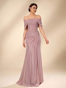 Serin Gaun Maxi Mermaid Model Baru 2026 yang Elegan, Mewah, Berwarna Pink, Berbahan Jala, dengan Lengan Terbuka dan Dekorasi Kerut, Cocok untuk Pernikahan, Acara Formal, Pengantin Wanita dan Ibu Pengantin. - Dusty Pink - View 5