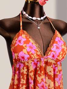 Zestiva Bộ bikini hai mảnh in họa tiết nhiệt đới dành cho nữ - Áo tắm cổ chữ V khoét sâu, viền ren và vạt bèo bất đối xứng, quần bơi cạp cao buộc dây bên hông, đồ bơi nghỉ dưỡng mùa xuân. Bộ tankini bèo nhún. Họa tiết hoa tương phản. Áo tắm in hoa. Họa tiết dâm bụt Hawaii. Áo tắm hoa phong cách Boho. - Nhiều màu - Xem 4