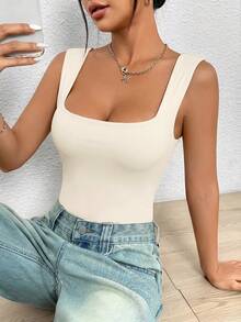 SHEIN PETITE 純色圓領背心式黑色連身衣，適合嬌小女性 - 米色 - 查看 3