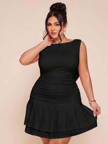 SHEIN BAE Plus Size Women Sleeveless Solid White Ruched Back Bow Decor Mini Dress - Black - View 5
