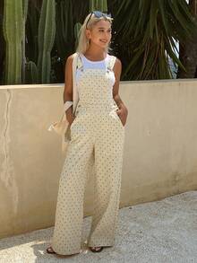 Livesso Bộ jumpsuit denim ôm dáng họa tiết hoa nhí bằng cotton dành cho nữ, thích hợp cho tiệc tùng, đi biển, kỳ nghỉ hè. - Màu be - Xem 3