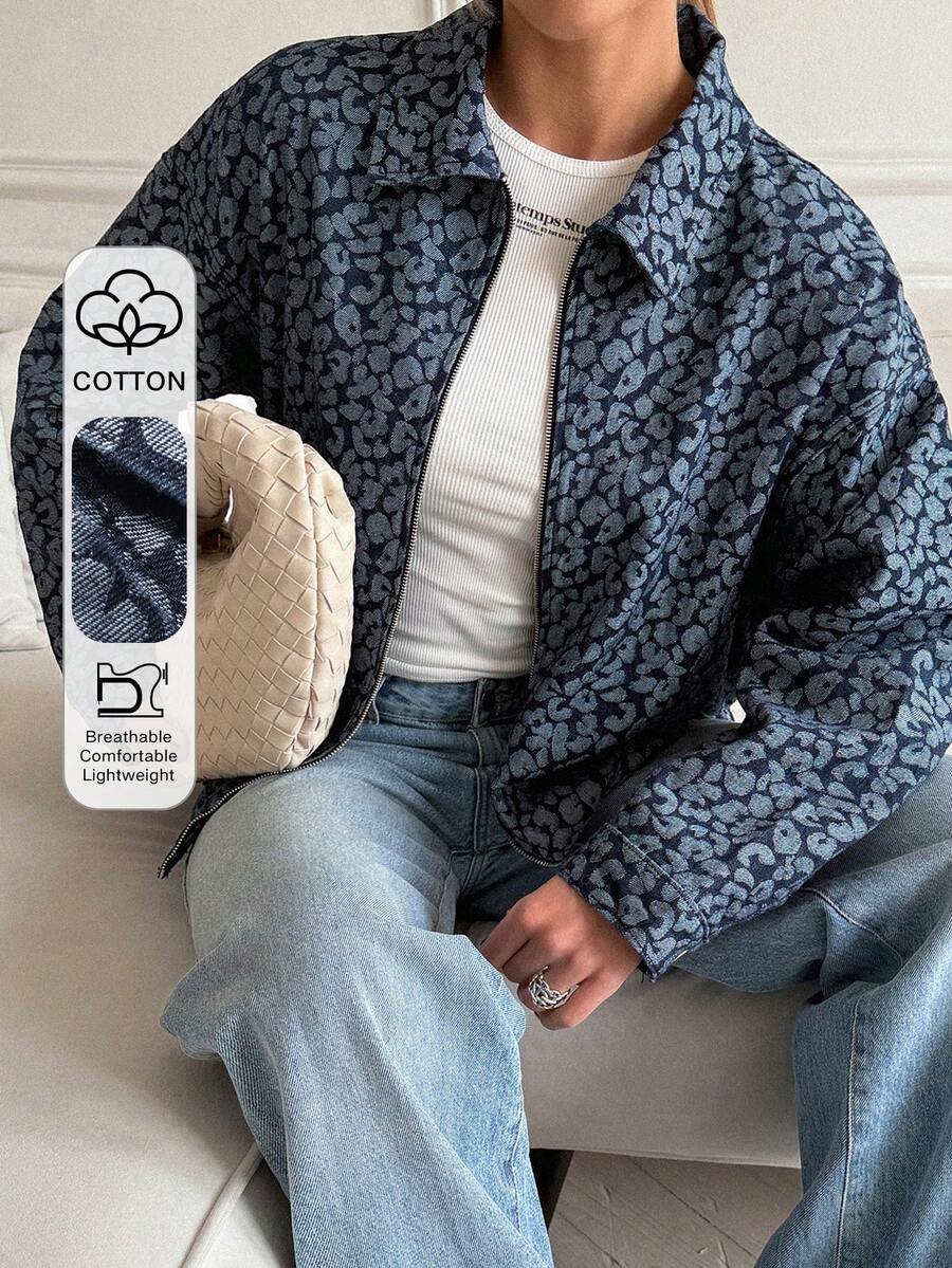 Livesso Chaqueta vaquera casual y holgada para mujer con estampado de leopardo, azul - Azul - Ver 1