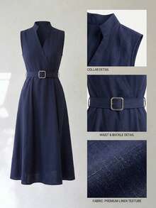 Uhlyne Uhlyne Đầm xanh navy cổ đứng, không tay, thắt eo, dáng chữ A, chất liệu cotton pha, thích hợp cho công sở và mặc thường ngày mùa hè. - Màu xanh hải quân - Xem 7