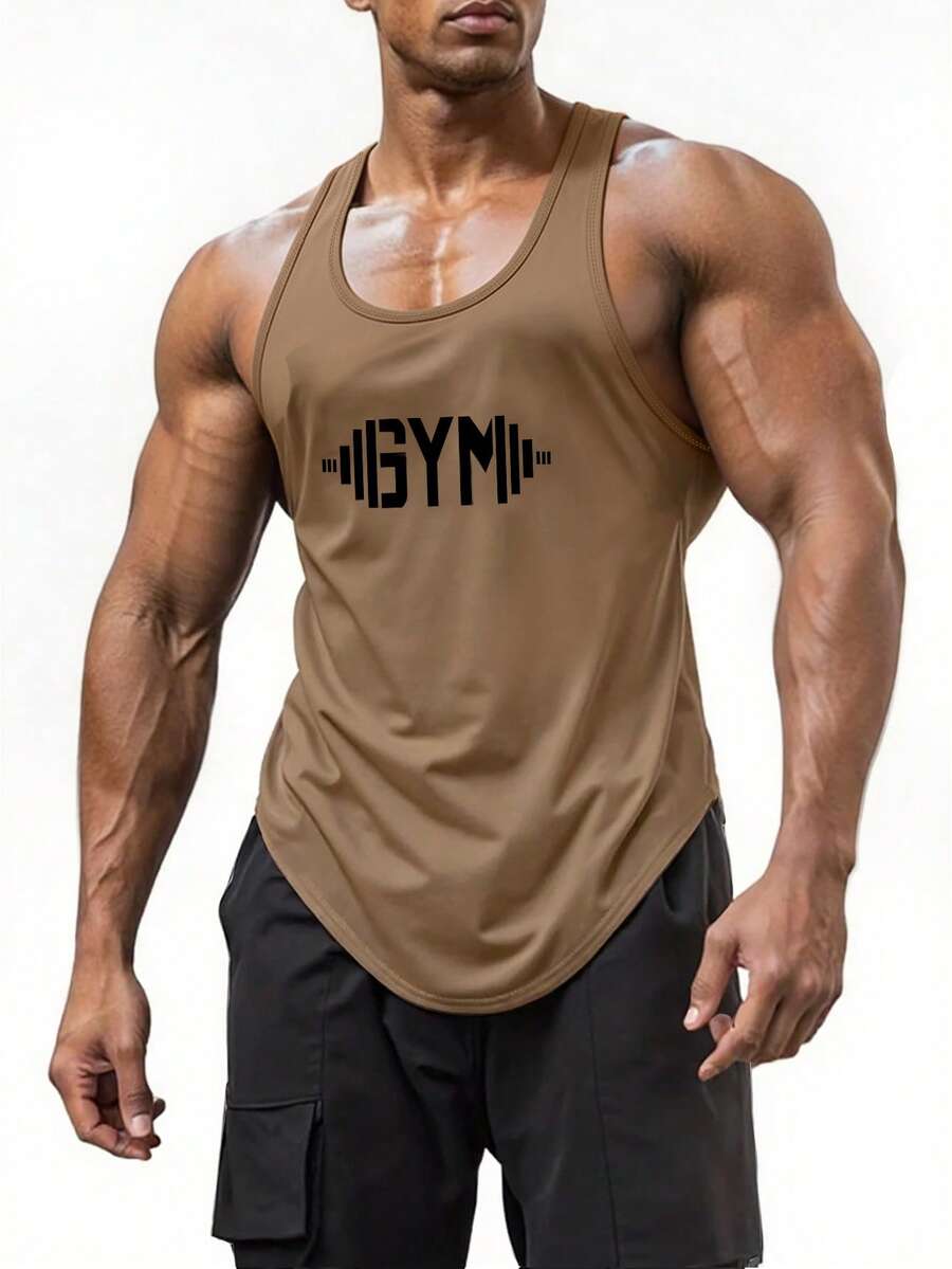 GymBeat 大尺碼男士休閒百搭字母印花極簡主義背心,度假款 - 卡其色 - 查看 1