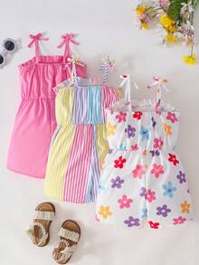 SHEIN Genkimix Kids 3件組女童連身褲，純色 + 多色條紋 + 花卉數位印花，適合夏季日常穿著 - 彩色 - 查看 2