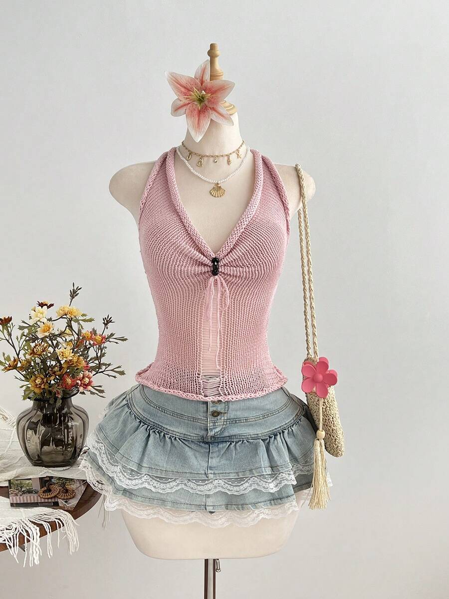 Elamini Blusa de punto con escote en V calado, con lazo y cuentas, versátil para vacaciones - Rosa Pálido - Ver 1