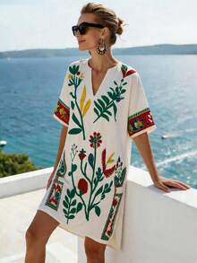SHEIN Holidaya 简约米色和黑色花卉印花V领短袖宽松A字连衣裙，适合工作和休闲场合，版型修身，花卉图案装饰 - 彩色 - 查看 5