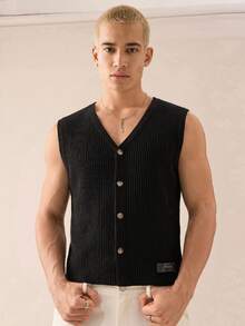 ESTAVOR Men's Solid Color Single-Breasted Casual Versatile Daily Wear Knit Top - Black - View 5