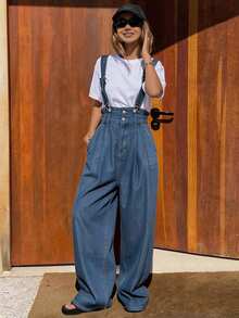 DAZY Quần yếm denim nữ cổ cao dáng rộng, có thể điều chỉnh kích cỡ. - Rửa trung bình - Xem 2