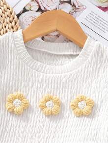 Genkimix Kids 2pcs/Set Kaos Bertekstur Anak Perempuan dengan Dekorasi Bunga 3D & Celana Panjang Kasual, Cocok Untuk Acara Santai dan Jalan-jalan - Kuning - View 7