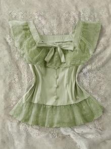 Flirla Plus Size Women Lace Patchwork Bow Decor Ruffle Hem Casual Slim Fit Blouse, Suitable For Dates And Outings - Green - View 1