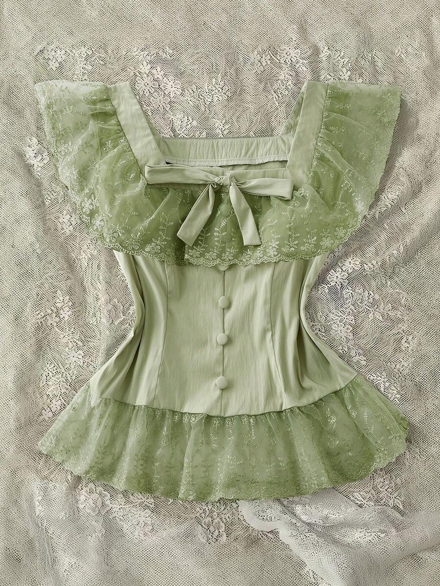 Flirla Plus Size Women Lace Patchwork Bow Decor Ruffle Hem Casual Slim Fit Blouse, Suitable For Dates And Outings - Green - View 1