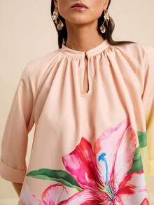 LOTSLUV Women's Elegant Pink Floral Golden Yellow Floral Print 2-Piece Set, Round Neck Loose Blouse Straight Leg Pants, Vacation Outfit Autumn - Multicolor - View 8