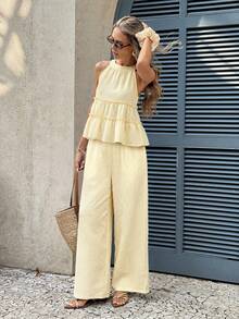 Conjunto casual de 2 piezas con top halter de cuello con volantes y pantalones a rayas para mujer - Caqui - Ver 8