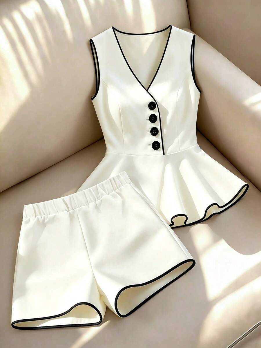 Franclia Conjunto de top sin mangas con volantes en el bajo y shorts de color negro y blanco con contraste para mujer - Blanco y Negro - Ver 1