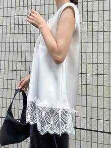 FRIFUL Women's Lace Trim Neckline Loose Linen Vacation Tank Top Summer - Black - View 6