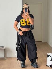 Coolane Women's Plus Size Summer Night Streetwear 90s Chic Daily Wearnumber Pattern Stretchy Navy Blue Bustier Notched T-Shirt - Navy Blue - View 3