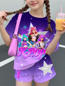 少女卡通人物、K-Pop巨星图案、彩色渐变印花短袖T恤和短裤两件套，夏季 - 彩色 - 查看 1