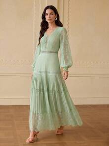 ZEYLAH V-Neck Lace Patchwork Pleated A-Line Dress, Spring/Summer - Mint Green - View 6
