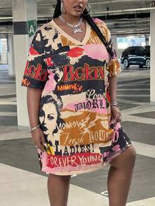 SHEIN CURVE+ Plus Size Women V-Neck Short Sleeve Loose Casual Cowboy Knit Mini Dress, Y2K Style Street Wear, Retro Poster Pattern, Concert Beige Summer - Multicolor - View 4