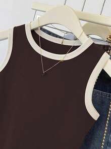 EMERY ROSE Women's Round Neck Contrast Trim Casual Everyday Wear Top - Brown - View 4