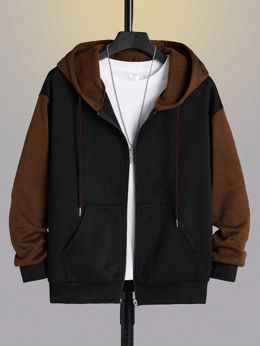 Manfinity Dauomo Sudadera con capucha con cremallera, forro térmico y cordón, sin camiseta, para otoño/invierno, de manga larga - Café integral - Ver 1