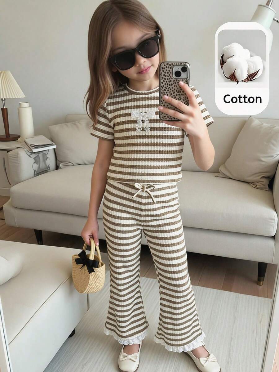SHEIN 女童条纹圆领短袖T恤和喇叭裤休闲套装 - 彩色 - 查看 1
