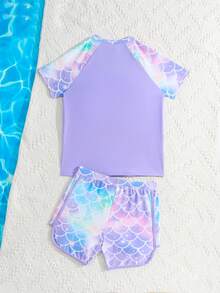 SHEIN GraphicGems Conjunto de traje de baño con estampado de escamas de pez para niña preadolescente - Morado - Ver 2