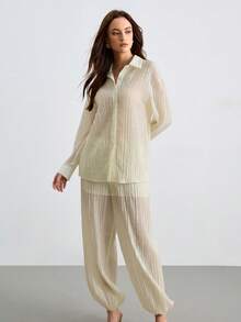 CielaLinda Women's Tencel Blouse And Balloon Pants 2 Pieces Casual Set - Apricot - View 4