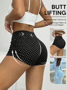 SHEIN PETITE CURVE Plus Size Women's Black And White Polka Dot Cycling Shorts,Summer Elegant 1920s Flapper Retro Pleated Gym Yoga Sports Shorts,Waist Cinching Pants - Black - View 9