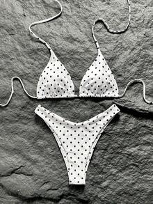 Swim Mod 女士夏季沙滩波点印花露背系带性感比基尼泳衣套装 - 彩色 - 查看 2