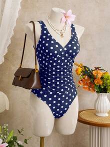 Swim Mod Women's One-Piece Swimsuit, Sexy Tropical Casual Vacation Minimalist Navy Blue Polka Dot Pattern With Ruched Adjustable Straps, Spring/Summer Beach - Multicolor - View 6