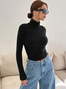 DAZY Solid High Neck Tee Long Sleeve Women Tops - Black - View 5