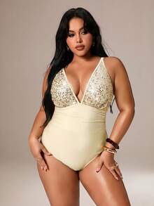 Auralis Plus Size Women's Sequin Detail Sexy One-Piece Swimsuit, Suitable For Pool And Beach - Apricot - View 6