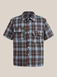 VeloEdit Camisa casual de manga corta con botones delanteros a cuadros para hombre, verano - Azul - Ver 1