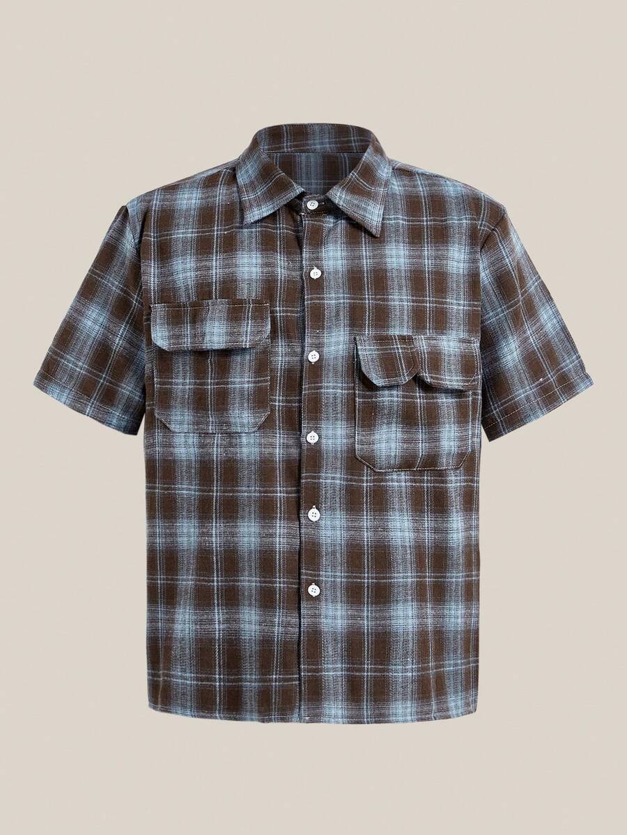 VeloEdit Camisa casual de manga corta con botones delanteros a cuadros para hombre, verano - Azul - Ver 1