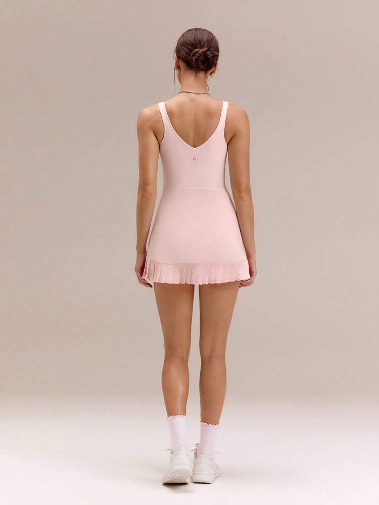 FeatherFit™-Air Double Time Buttery-Soft Stretchy Sweat-Wicking Pleated Mini Skirt With Built-In Shorts Side Pockets Non Slip Grips & Tummy Control Open Back Bodysuit Low Impact Tennis Golf Pickleball Daily Casual Wear