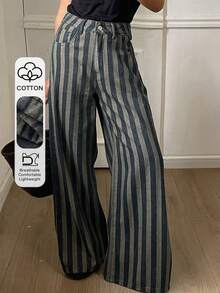 Dazy Tall Jeans casuales rectos y holgados con rayas para mujer - Azul lavado oscuro - Ver 1