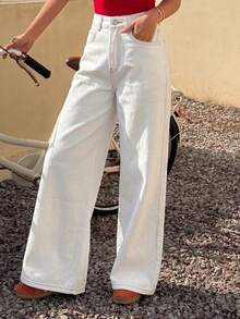 DAZY Quần jeans nữ thường ngày có túi và nút - trắng - Xem 6