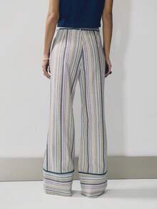 Nöista Pantalones de pierna ancha a rayas de cintura alta con ribete de contraste, bolsillos parche y bajo con puño. Perfectos para el look de verano, vacaciones, ropa de playa, fiesta de piscina, atuendo diario, estilo callejero. - Verde - Ver 5
