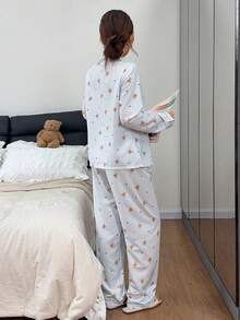 Napfluff Bộ đồ ngủ nữ gồm áo khoác cardigan cổ bẻ in hình gấu hoạt hình dễ thương và bộ đồ ngủ có ve áo. - Xanh da trời - Xem 2