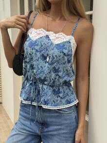 Livesso Women's Lace Patchwork Ruffle Casual Versatile Daily Wear Camisole Top - Blue - View 9