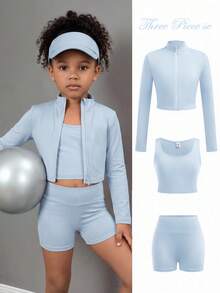 SHEIN Bộ 3 món thể thao mùa xuân/hè/thu cho bé gái, nhẹ nhàng, thoải mái gồm áo khoác cardigan cổ đứng có khóa kéo, áo vest ngắn cổ tròn và quần short ôm eo co giãn. - Màu xanh lam - Xem 1