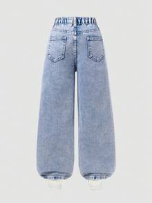 SHEIN Quần jeans ống đứng cạp chun co giãn kiểu Y2K cho bé gái tuổi teen, túi phẳng, trang phục thường ngày cho bé gái. - Rửa nhẹ - Xem 2