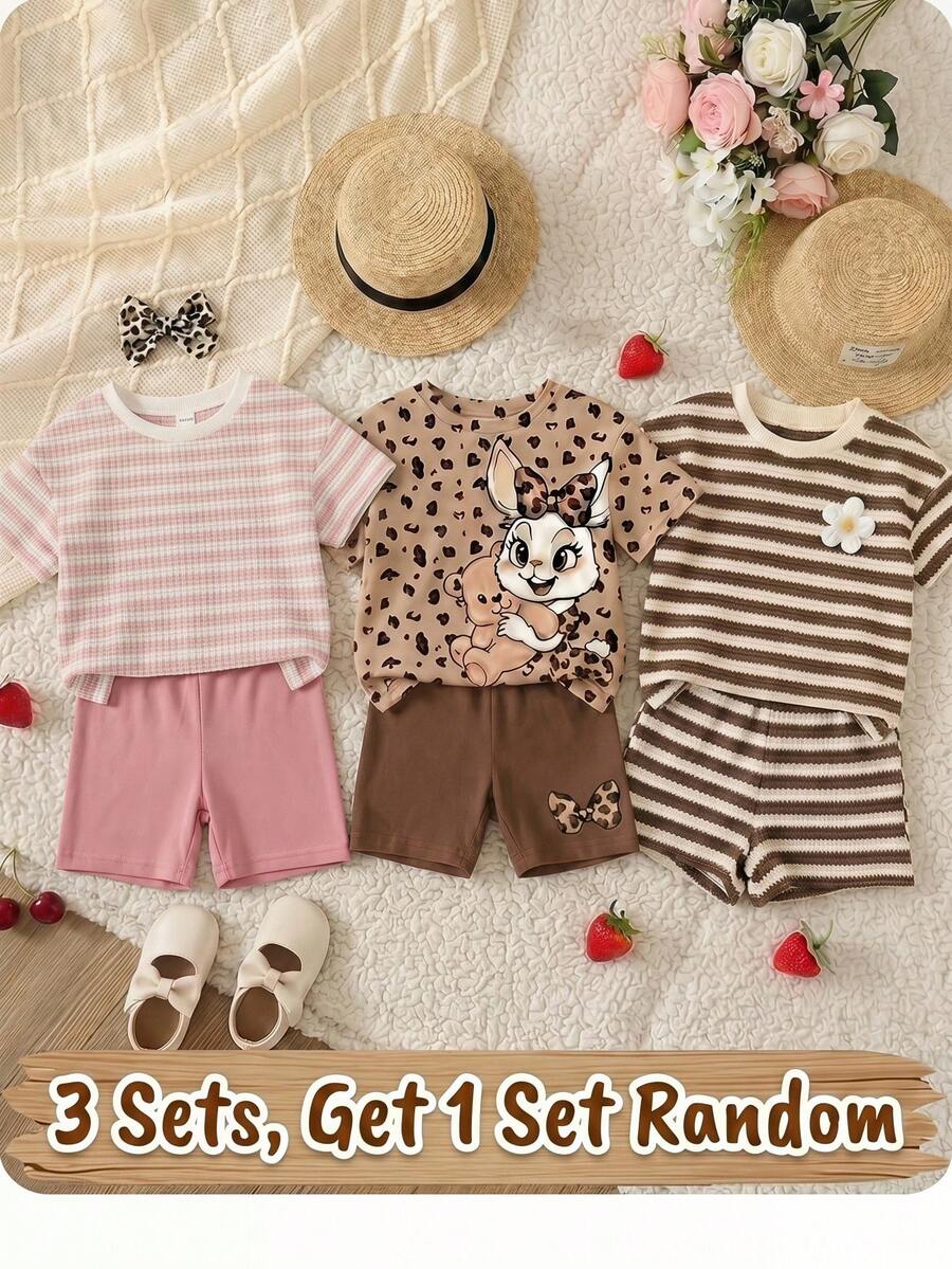 SHEIN 2 piezas Conjunto de camiseta de cuello redondo a rayas y pantalones cortos de punto para niña bebé, conjunto de dos piezas para niña pequeña, conjunto de dos piezas de verano para niña bebé, conjunto a rayas para niña pequeña - Rosa Pálido - Ver 1