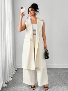 Elenzga Bộ vest dài không tay cổ ve lật màu đen trơn thanh lịch dành cho nữ cỡ lớn, gồm áo khoác vest và quần tây, phù hợp cho việc đi làm hàng ngày và tạo nhiều phong cách khác nhau. - Màu be - Xem 3