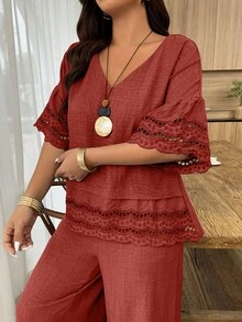 Weeklong 2pcs/Set Atasan Longgar Leher Bulat Lengan dan Hem Bermotif Bunga untuk Wanita dan Celana Panjang Lurus, Cocok untuk Liburan dan Pemakaian Sehari-hari, Musim Semi/Panas - Burgundy - View 5
